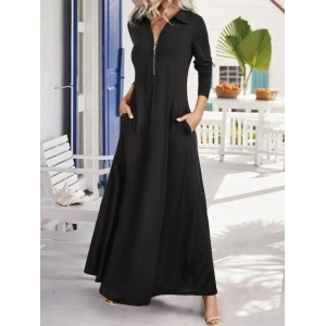 MDB Kadın Uzun Kollu Yakalı önden Fermuarlı Uzun Viskon Iki Iplik Elbise