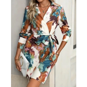 MDB Kadın Uzun Kollu Yakalı Yandan Bağlamalı Mini Desenli Modal Elbise