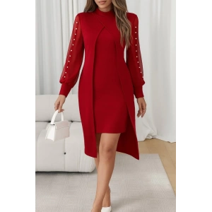 MDB Kadın Uzun Kollu Yarı Balıkçı Yaka Tül Ve Inci Detaylı Kısa Ithal Krep Midi Elbise