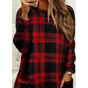 MDB Kadın Uzun Kollu Yarı Balıkçı Yakalı Cep Detaylı Ekoseli Dokuma Tunik