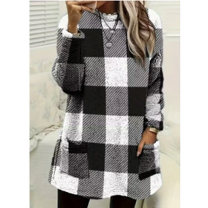 MDB Kadın Uzun Kollu Yarı Balıkçı Yakalı Cep Detaylı Ekoseli Dokuma Tunik