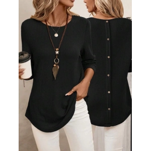 MDB Kadın Uzun Kollu Yuvarlak Yaka Arkadan Düğmeli Waffle Bluz