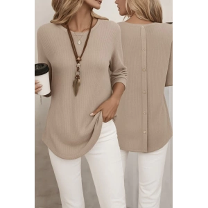 MDB Kadın Uzun Kollu Yuvarlak Yaka Arkadan Düğmeli Waffle Bluz