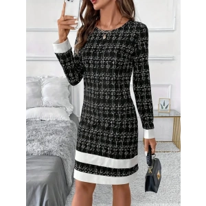 MDB Kadın Uzun Kollu Yuvarlak Yaka Etek Ucu şerit Detaylı Kısa Dokuma Elbise