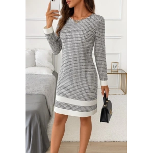 MDB Kadın Uzun Kollu Yuvarlak Yaka Etek Ucu şerit Detaylı Mini Dokuma Elbise