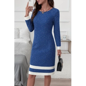 MDB Kadın Uzun Kollu Yuvarlak Yaka Etek Ucu şerit Detaylı Mini Dokuma Elbise