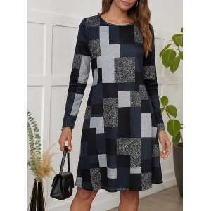 MDB Kadın Uzun Kollu Yuvarlak Yaka Geometrik Süprem Elbise