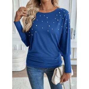 MDB Kadın Uzun Kollu Yuvarlak Yaka Incili Viskon Bluz