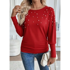 MDB Kadın Uzun Kollu Yuvarlak Yaka Incili Viskon Bluz