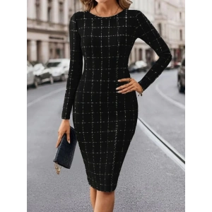 MDB Kadın Uzun Kollu Yuvarlak Yaka Mini Dokuma Elbise