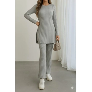 MDB Kadın Uzun Kollu Yuvarlak Yaka Yandan Yırtmaç Detaylı şardonlu Kaşkorse Bluz Ve Pantolon Ikili Takım