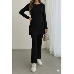 MDB Kadın Uzun Kollu Yuvarlak Yaka Yandan Yırtmaç Detaylı şardonlu Kaşkorse Bluz Ve Pantolon Ikili Takım