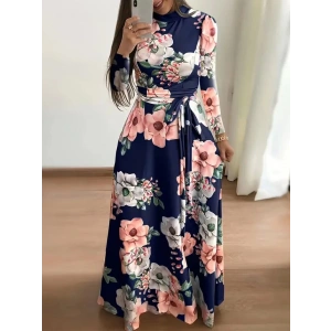 MDB Kadın Uzun Kollu Yuvarlak Yakalı Beli Kuşaklı Desenli Süprem Uzun Elbise