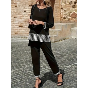 MDB Kadın Uzun Kollu Yuvarlak Yakalı Kaz Ayağı Detaylı Viskon Iki Iplik Bluz Ve Pantolon Ikili Takım