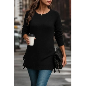 MDB Kadın Uzun Kollu Yuvarlak Yakalı Yanlardan Bağcıklı Triko Bluz