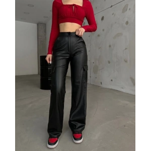 MDB Kadın Yüksek Bel önden Fermuarlı Yandan Cep Detaylı Deri Kargo Pantolon