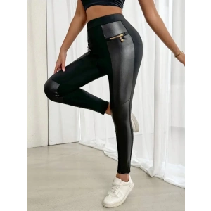 MDB Kadın Yüksek Bel Yan şerit Deri Detay Fermuarlı Dalgıç Tayt