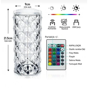 MDB Kristal Elmas Led Dokunmatik Şarjlı Kumandalı Masa Lambası RGB