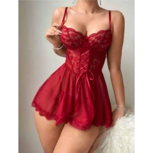 MDB MdbShop Bordo Dantel İşlemeli Tül Fantezi Gecelik