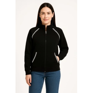 MDB Oversize Dik Yaka Fermuarlı weatshirt  Zincir Nakışli Kanguru Cepli,  iyah