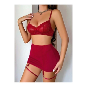 MDB Transparan Kırmızı Dantel İşlemeli Fantezi Bacak Bantlı Etekli Jartiyer Takımı