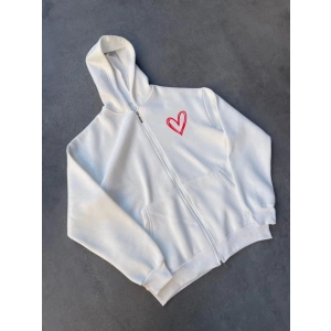 MDB Üç İplik Baskılı Fermuarlı Kapşonlu Hırka  Beyaz