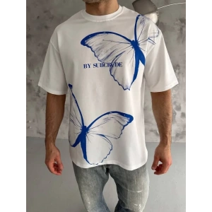 MDB Unisex Bisiklet Yaka Baskılı Oversize Thirt  Beyaz