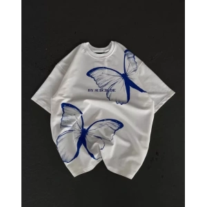 MDB Unisex Bisiklet Yaka Baskılı Oversize Thirt  Beyaz