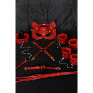 MDB MdbShop Kırmızı İçi Tüylü Maske,Kol,Bacak,Ağız Topu,Kırbaç,Tasma Harness Set