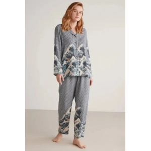MDB Nautıca W617 Kadın Uzun Kollu Önden Düğmeli Pijama Takımı