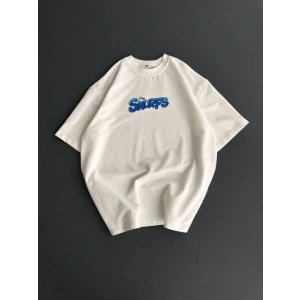 MDB Ön Ve Arka Baskılı Oversize Bisiklet Yaka Tshirt Beyaz