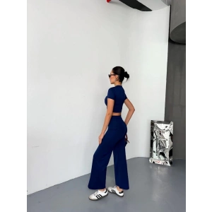 MDB Osy odal Yumuşak Dokulu Kumaş Kısa Kollu Crop Alt Ispanyol Paça Pantalon Ikili Takım  acivert