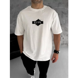 MDB Unisex Bisiklet Yaka Baskılı Double Oversize Thirt  Beyaz