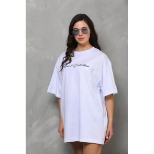 MDB Unisex Bisiklet Yaka Baskılı Oversize Thirt  Beyaz