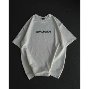 MDB Unisex Bisiklet Yaka Baskılı Oversize Thirt  Beyaz