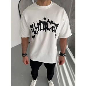 MDB Unisex Bisiklet Yaka Baskılı Oversize Thirt  Beyaz