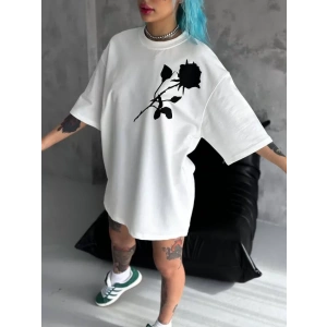 MDB Unisex Bisiklet Yaka Baskılı Oversize Thirt  Beyaz