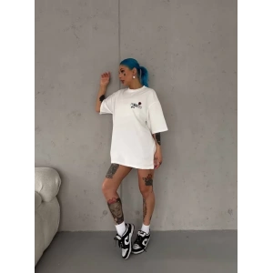 MDB Unisex Bisiklet Yaka Baskılı Oversize Thirt  Beyaz