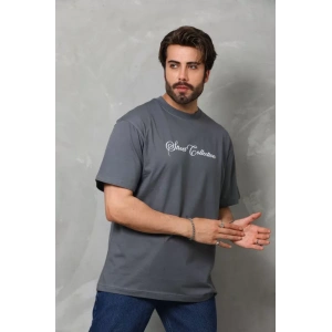 MDB Unisex Bisiklet Yaka Baskılı Oversize Thirt  Füme