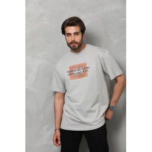 MDB Unisex Bisiklet Yaka Baskılı Oversize Thirt  Gri