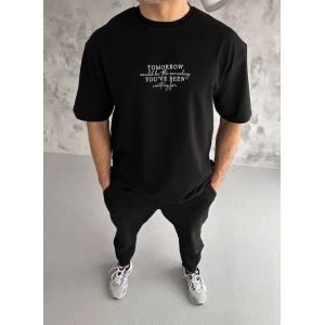 MDB Unisex Bisiklet Yaka Baskılı Oversize Thirt  iyah