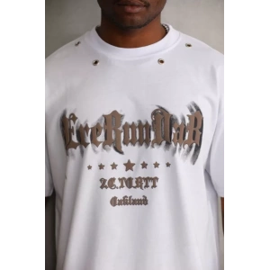 MDB Unisex Kuşgözü Detaylı Baskılı Oversize Thirt  Beyaz