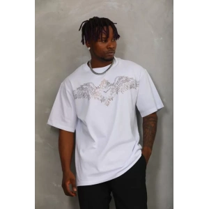 MDB Unisex Oversize Taşlı Bisiklet Yaka Thirt  Beyaz