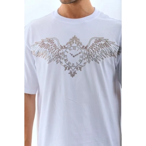 MDB Unisex Oversize Taşlı Bisiklet Yaka Thirt  Beyaz