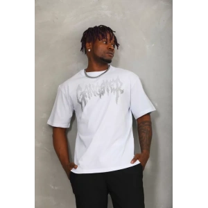 MDB Unisex Oversize Taşlı Bisiklet Yaka Thirt  Beyaz