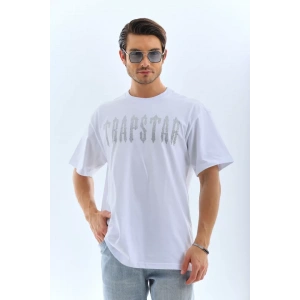 MDB Unisex Oversize Taşlı Bisiklet Yaka Thirt  Beyaz