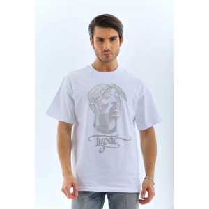 MDB Unisex Oversize Taşlı Bisiklet Yaka Thirt  Beyaz