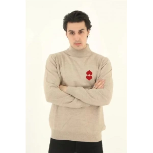 MDB Unisex Yarım Boğazlı Baskılı Dokuma Triko  Bej