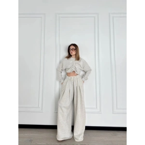 MDB Uzun Kollu Önü İp Büzgülü  Crop Ve Pantolon İkili Takım  Gri