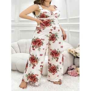 MDB MdbShop Büyük Beden Gül Desenli İnce Askılı Beyaz Salaş 2li Takım